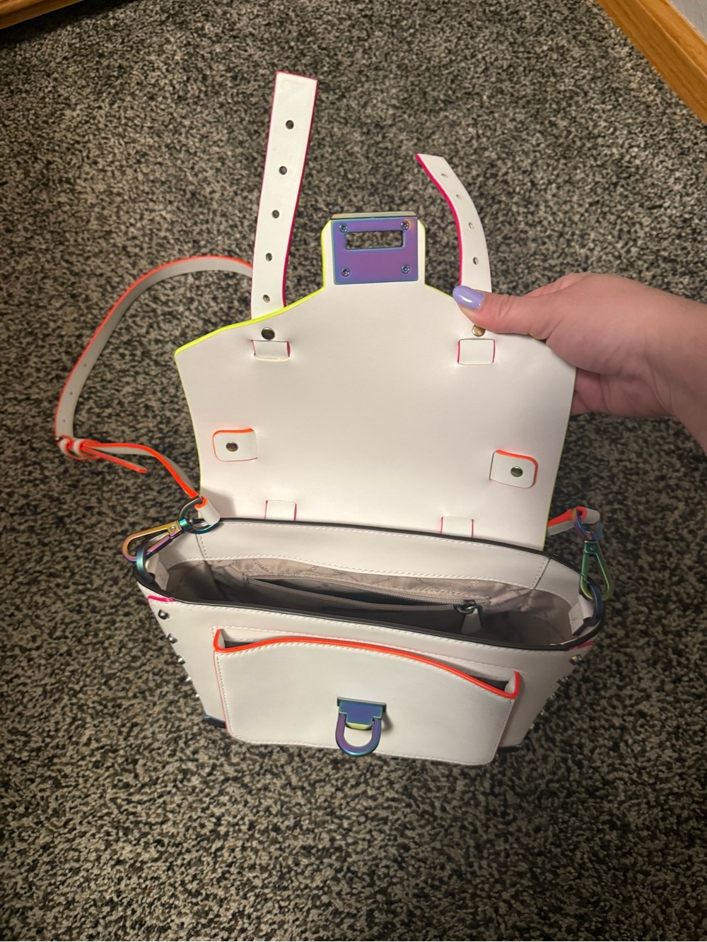 Michael Kors White Crossbody Satchel with Neon Pink & Orange Trim - Picture 3 of 4